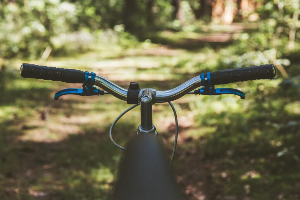 Close-up of bicycle handlebars on a forest trail, showcasing a peaceful outdoor scene.